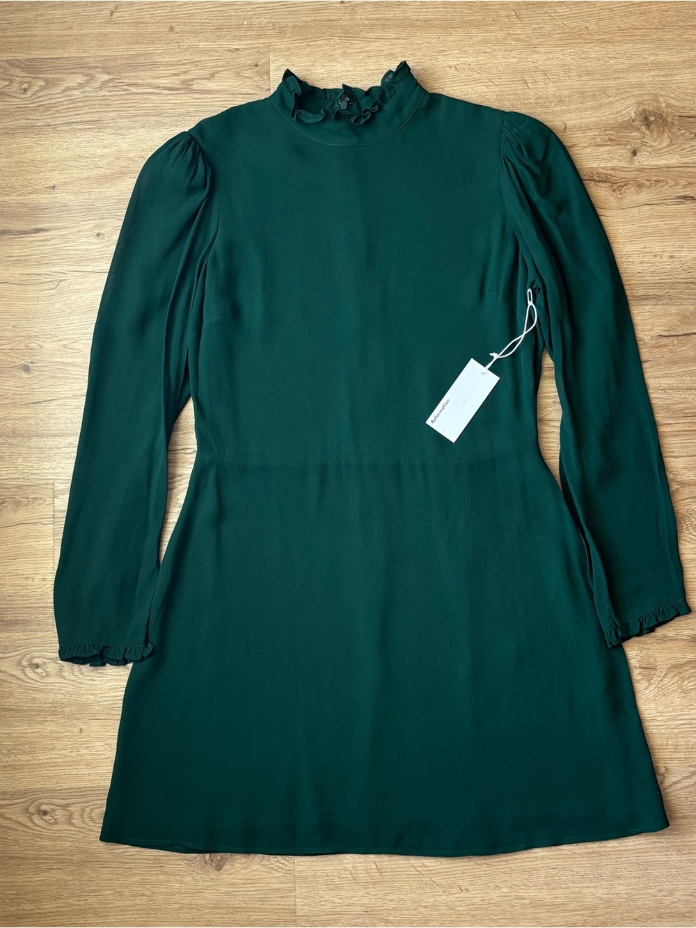 New Reformation Forest Green Mock-Neck Mini long sleeve short Dress Sz 10 NWT